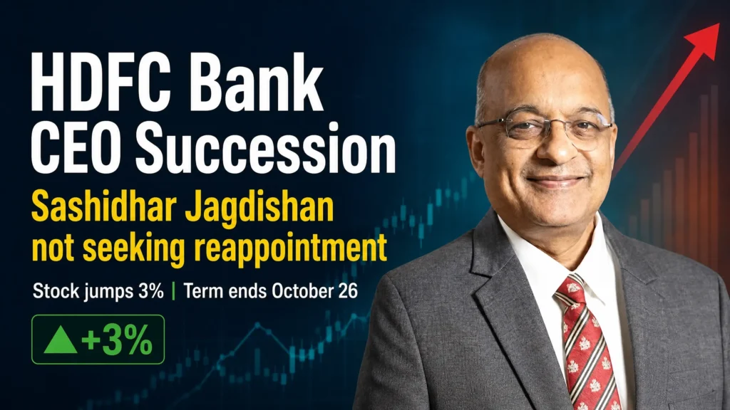 HDFC Bank CEO Sashidhar Jagdishan reappointment news, HDFC Bank branch signage with stock price rising nearly 3 percent