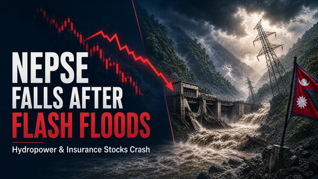Nepal stock market flash flood, NEPSE index board showing hydropower and insurance stocks falling