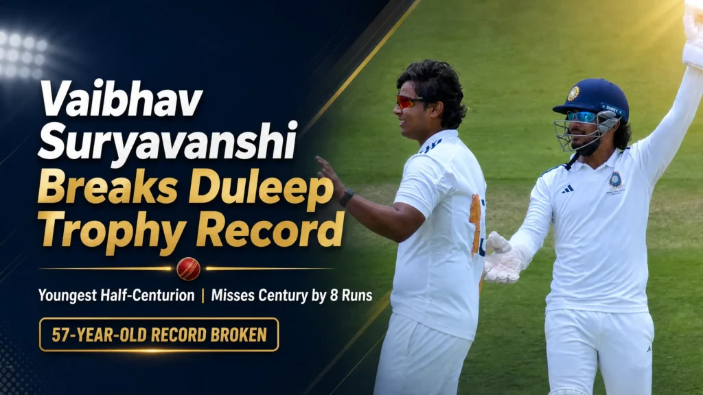 Vaibhav Suryavanshi celebrating his Duleep Trophy half century record at age 15